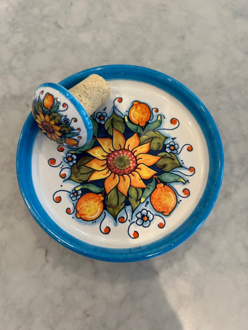 Hand-Painted Sunflower & Lemon Ceramic Plate - Blue Rim